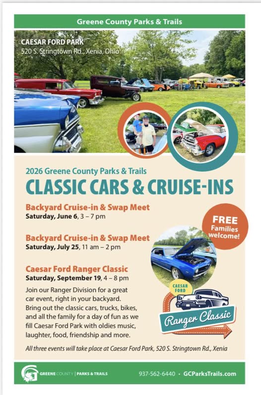 2026 Greene County Parks & Trails Classic Cars & Cruise-Ins event at Caesar Ford Park in Xenia, OH on June 6, 2026