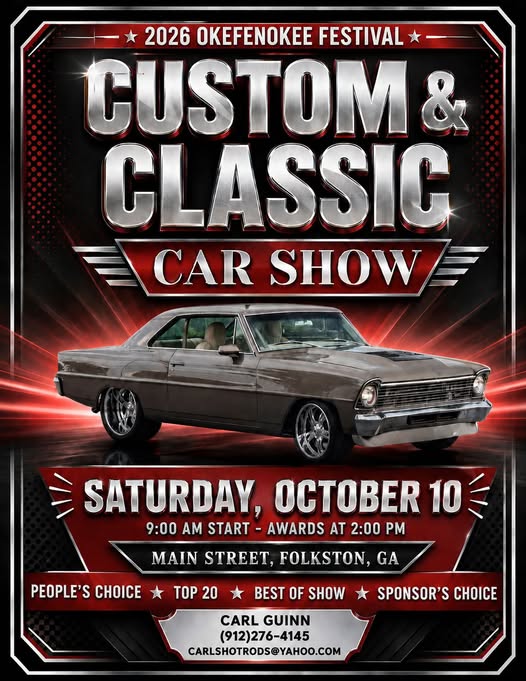 2026 Okefenokee Festival Custom & Classic Car Show event at Main Street in Folkston, GA on October 10, 2026
