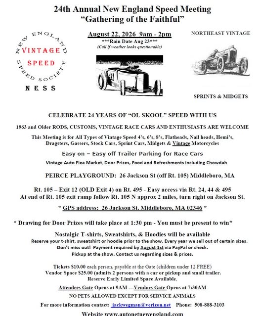24th Annual New England Speed Meeting “Gathering Of The Faithful” event at Peirce Playground in Middleboro, MA on August 22, 2026
