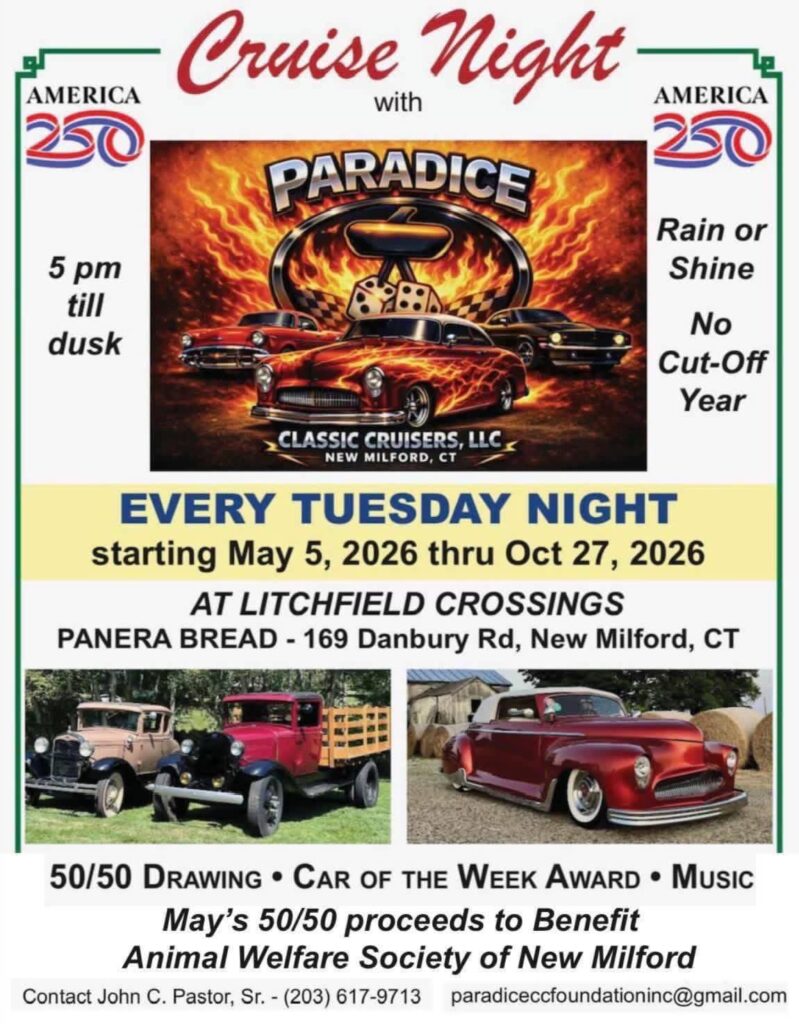 Cruise Night with Paradice Classic Cruisers, LLC event at Litchfield Crossings Panera Bread in New Milford, CT on May 5, 2026