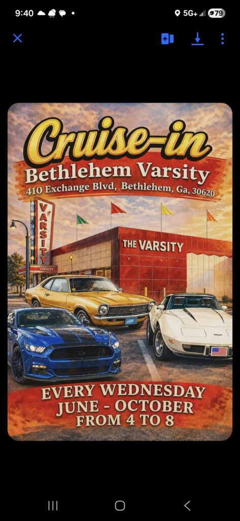 Cruise-In Bethlehem Varsity event at Bethlehem Varsity in Bethlehem, GA on June 3, 2026