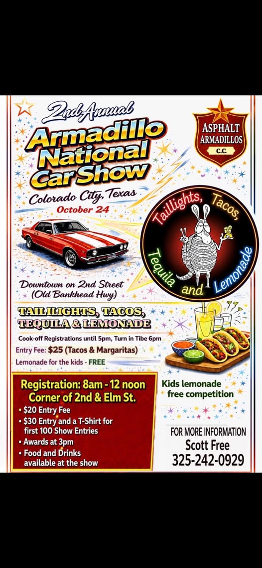 2nd Annual Armadillo National Car Show event at Downtown ON 2nd Street in Colorado City, TX on October 24, 2026
