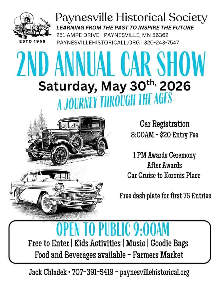2nd Annual Car Show @ Paynesville Historical Museum event at 251 Ampe Dr in Paynesville, MN on May 30, 2026