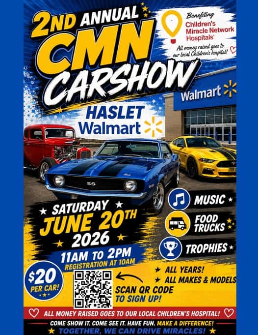 2nd Annual CMN Carshow event at Walmart in Haslet, TX on June 20, 2026