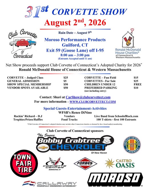 31st Corvette Show event at Moroso Performance Products in Guilford, CT on August 2, 2026