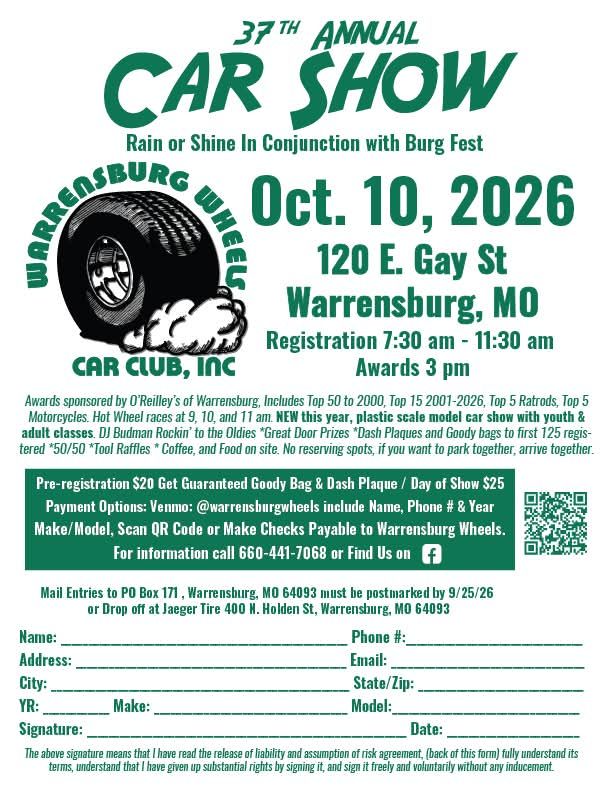 37th Annual Car Show event at 120 E. Gay St in Warrensburg, MO on October 10, 2026