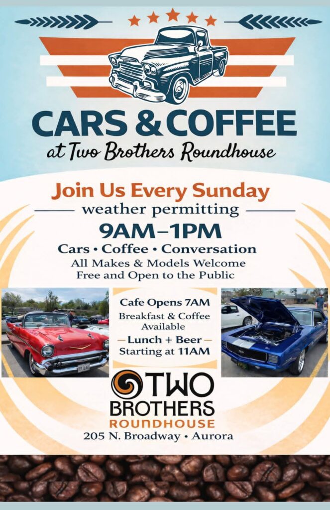 Cars & Coffee at Two Brothers Roundhouse event at Two Brothers Roundhouse in Aurora, IL on May 8, 2026