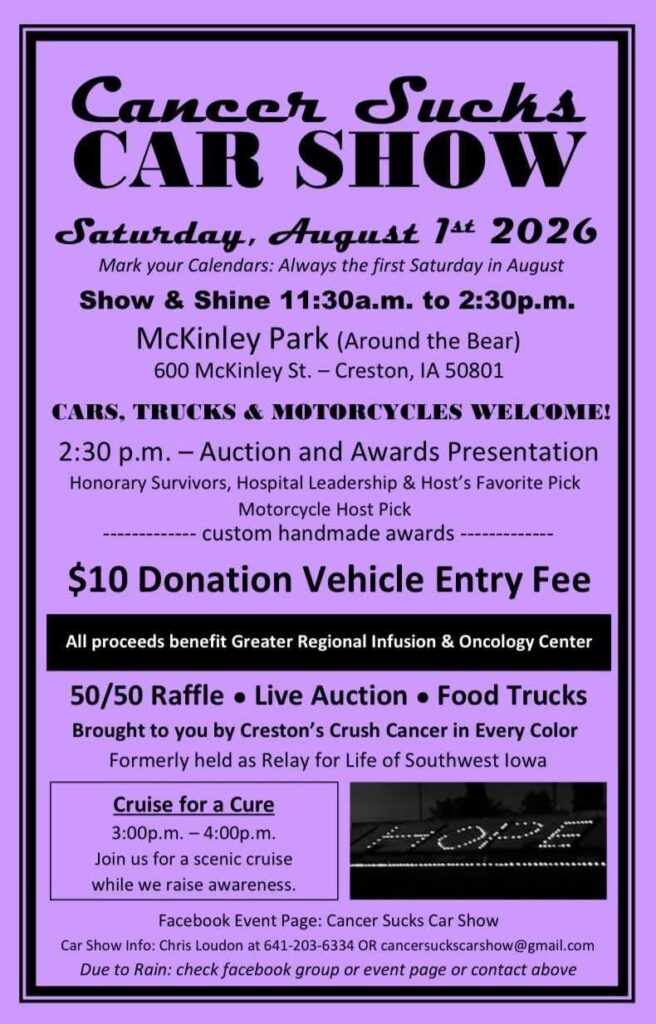 Cancer Sucks Car Show event at McKinley Park in Creston, IA on August 1, 2026