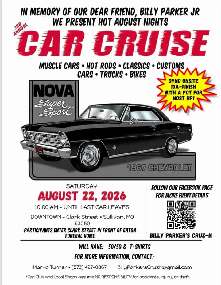 3rd Annual Hot August Nights Car Cruise in Memory of Billy Parker Jr. event at Downtown Sullivan in Sullivan, MO on August 22, 2026