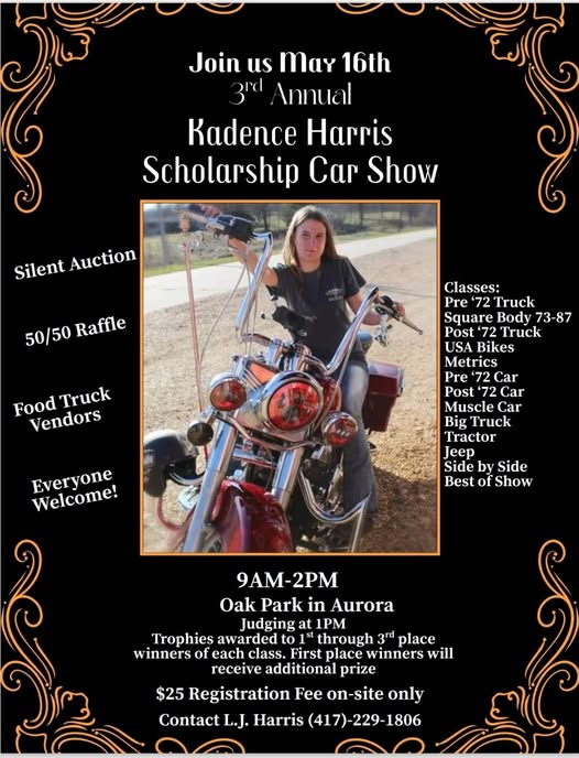 3rd Annual Kadence Harris Scholarship Car Show event at Oak Park in Aurora, MO on May 16, 2026