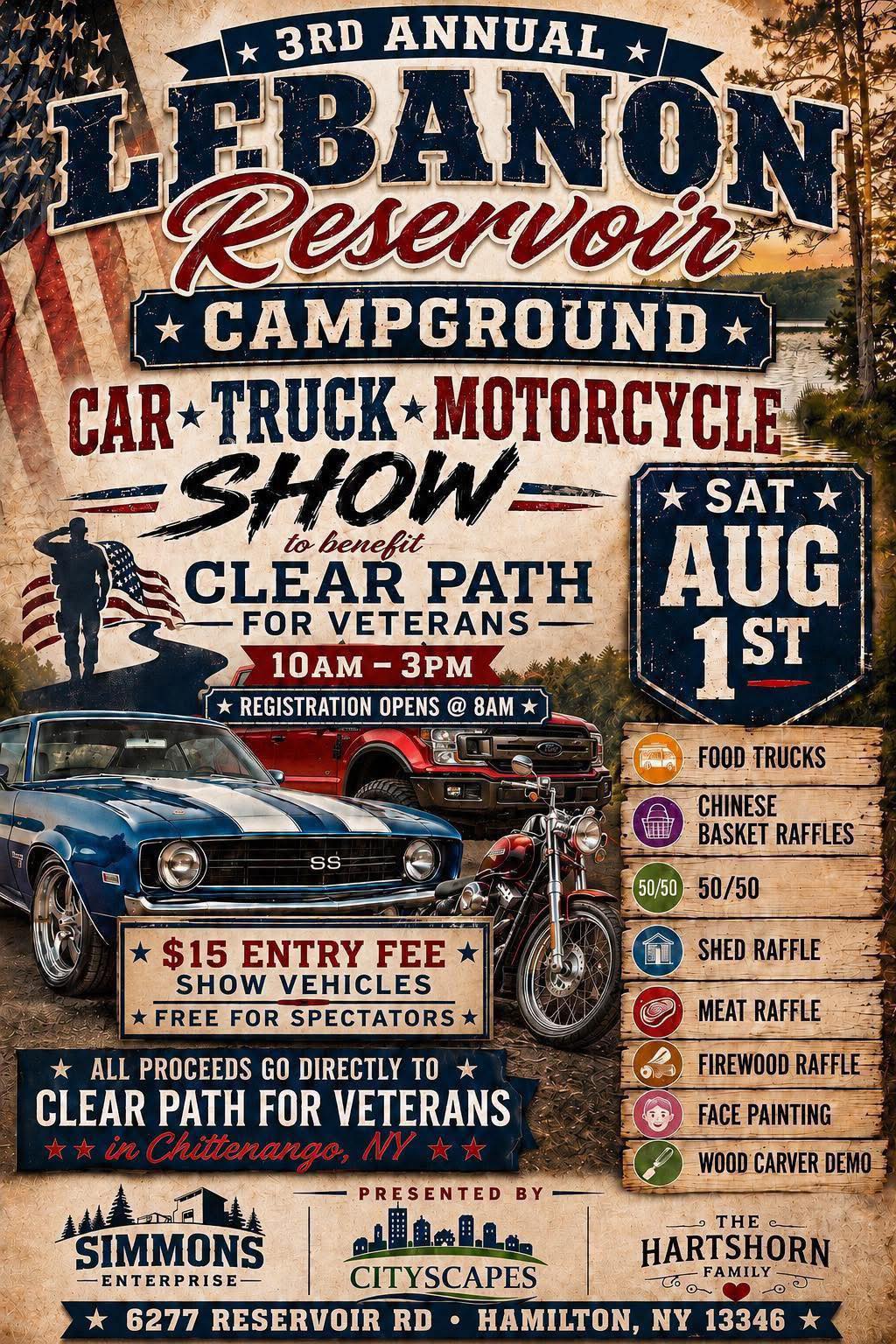 3rd Annual Lebanon Reservoir Campground Car Truck Motorcycle Show to Benefit Clear Path for Veterans event at Lebanon Reservoir Campground in Hamilton, NY on August 1, 2026