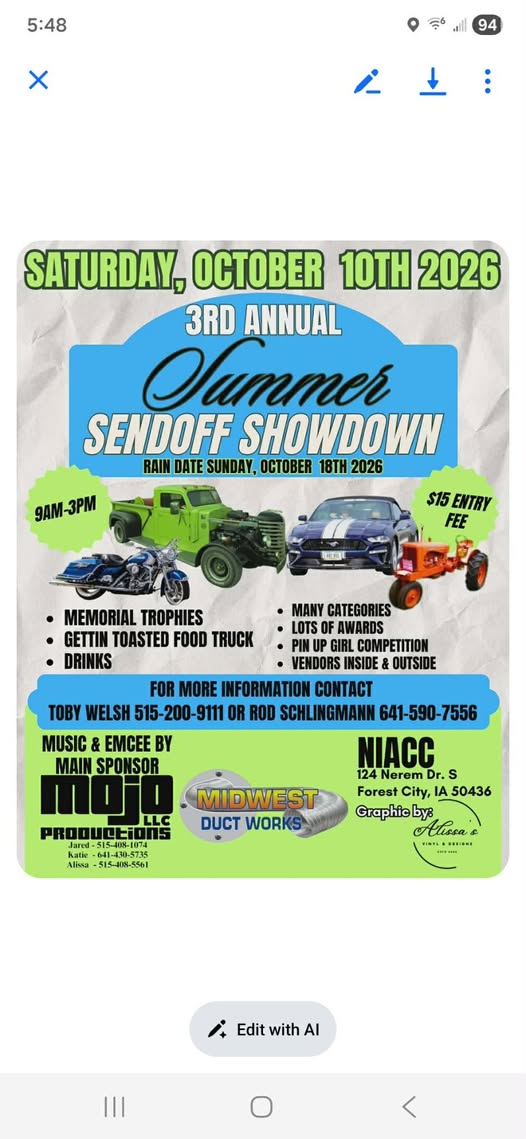 3rd Annual Summer Sendoff Showdown event at NIACC in Forest City, IA on October 10, 2026
