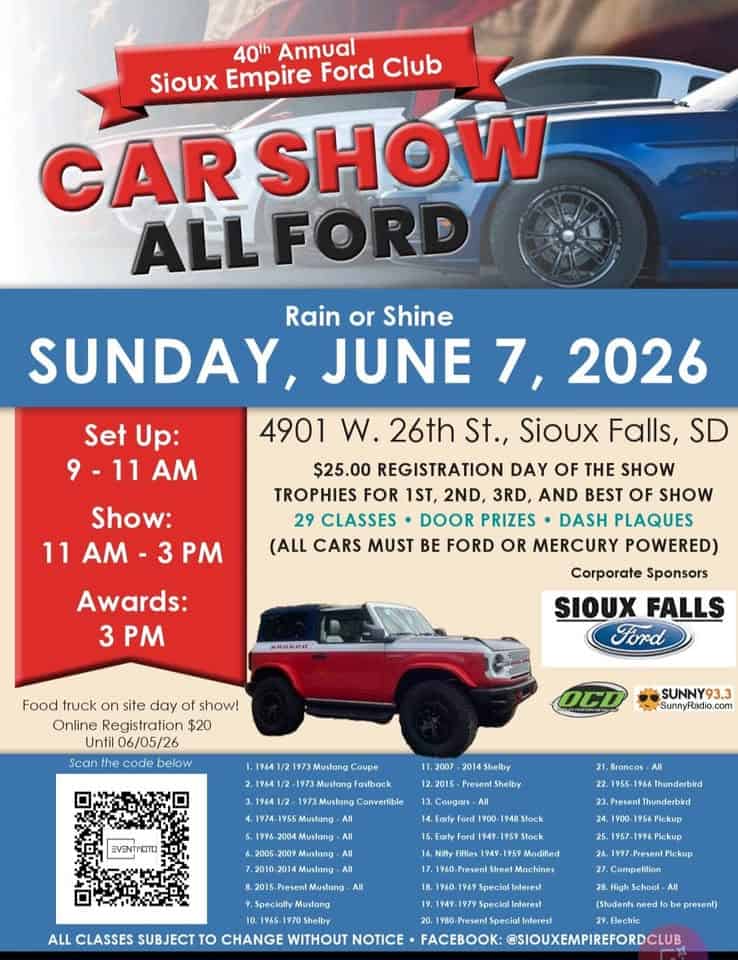 40th Annual All Ford Car Show event at 4901 W. 26Th St in Sioux Falls, SD on June 7, 2026
