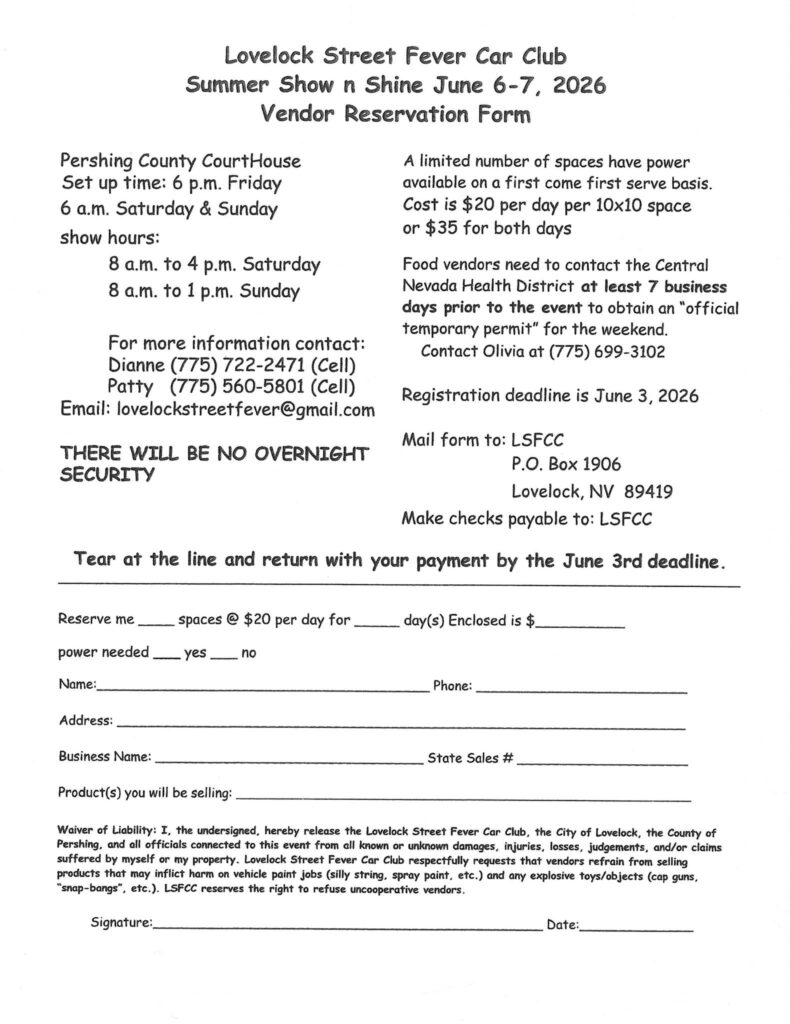 Lovelock Street Fever Car Club Summer Show N Shine event at Pershing County CourtHouse in Lovelock, NV on June 6, 2026