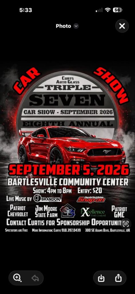 Curtis Auto Glass Triple Seven Car Show - September 2026 event at Bartlesville Community Center in Bartlesville, OK on September 5, 2026