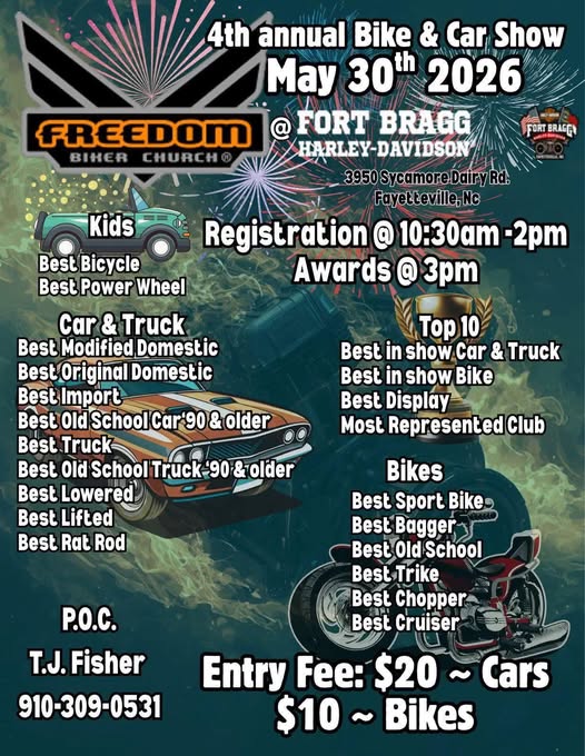 4th Annual Bike & Car Show event at Fort Bragg Harley-Davidson in Fayetteville, NC on May 30, 2026