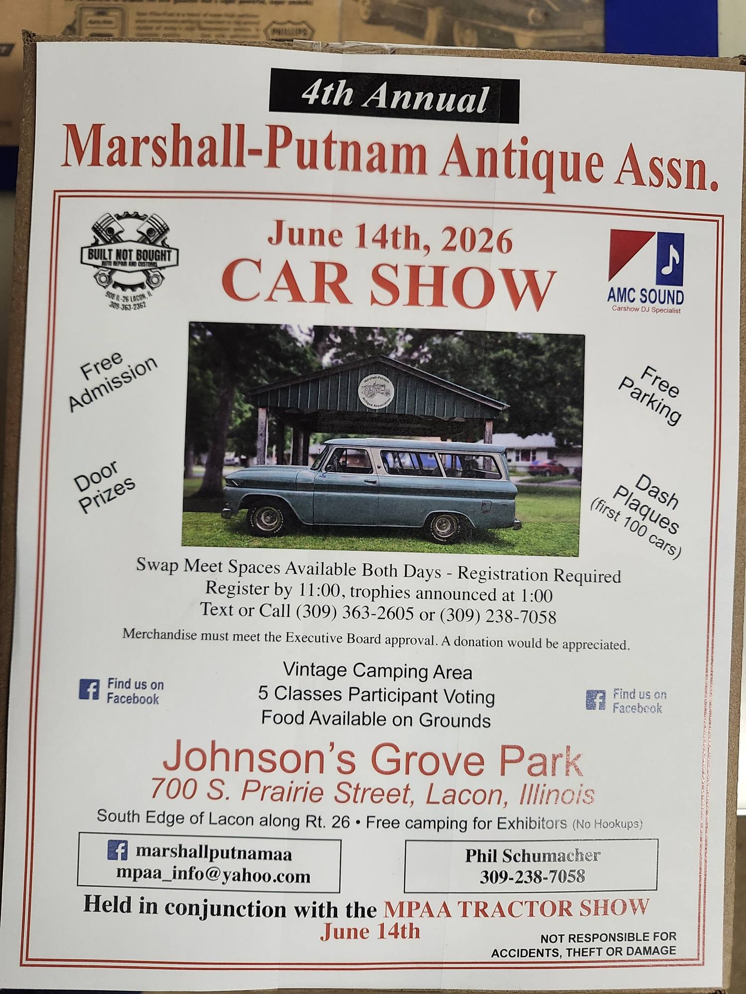 4th Annual Marshall-Putnam Antique Assn. Car Show event at Johnson's Grove Park in Lacon, IL on June 14, 2026