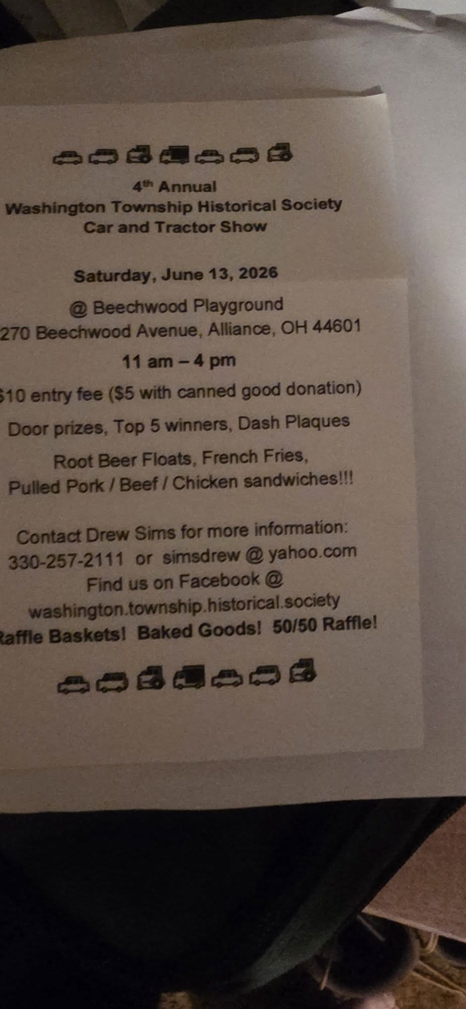 4th Annual Washington Township Historical Society Car And Tractor Show event at Beechwood Playground in Alliance, OH on June 13, 2026