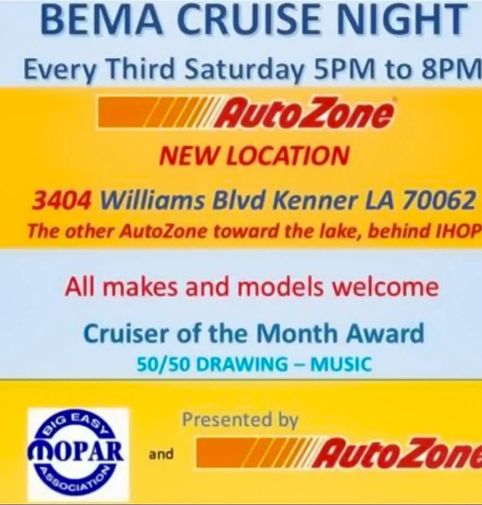 BEMA Cruise Night event at AutoZone in Kenner, LA on June 20, 2026