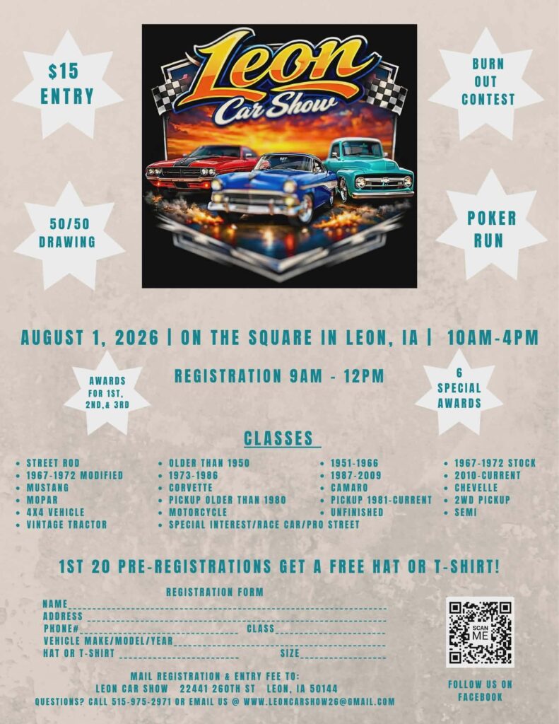 Leon Car Show event at ON The Square in Leon, IA on August 1, 2026
