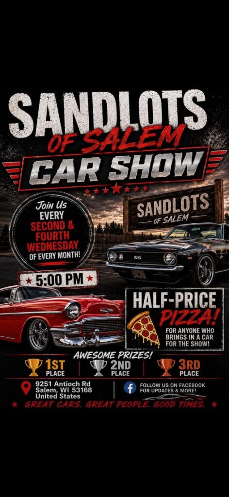 Sandlots Of Salem Car Show event at 9251 Antioch Rd in Salem, WI on June 10, 2026