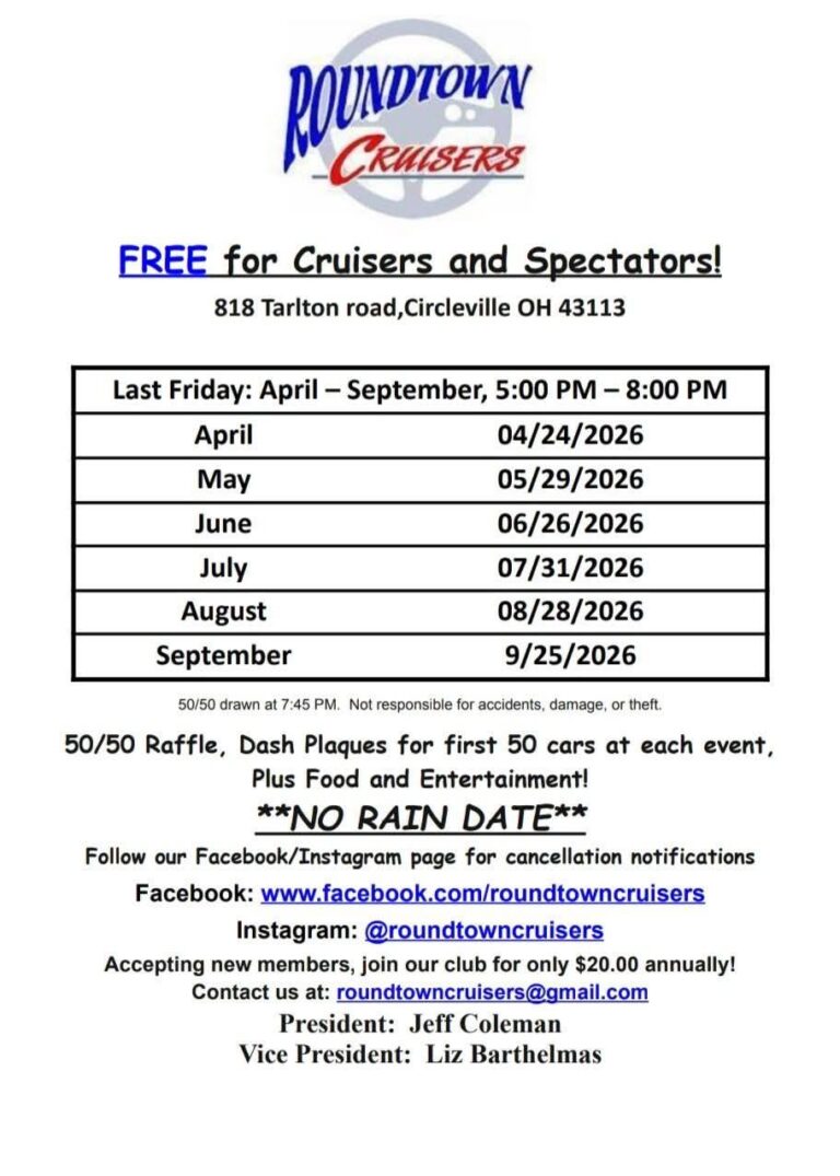 Roundtown Cruisers Free For Cruisers And Spectators! car show in Circleville, OH
