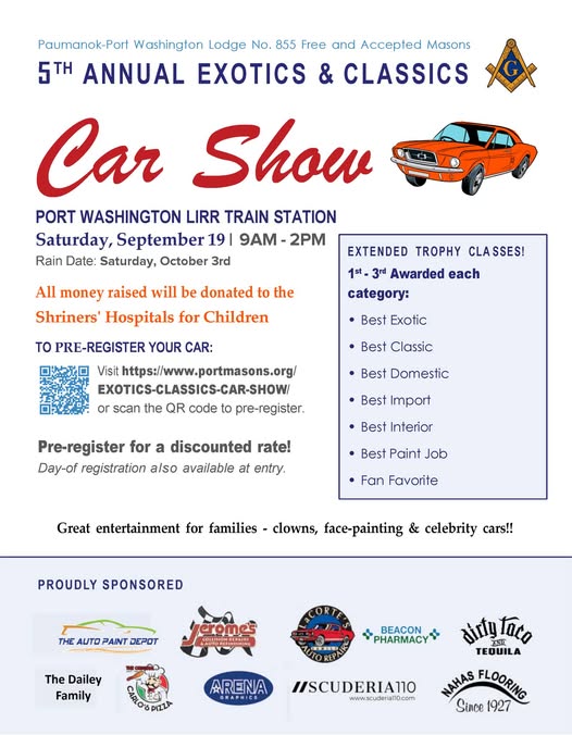 5th Annual Exotics & Classics Car Show event at Port Washington Lirr Train Station in Port Washington, NY on September 19, 2026