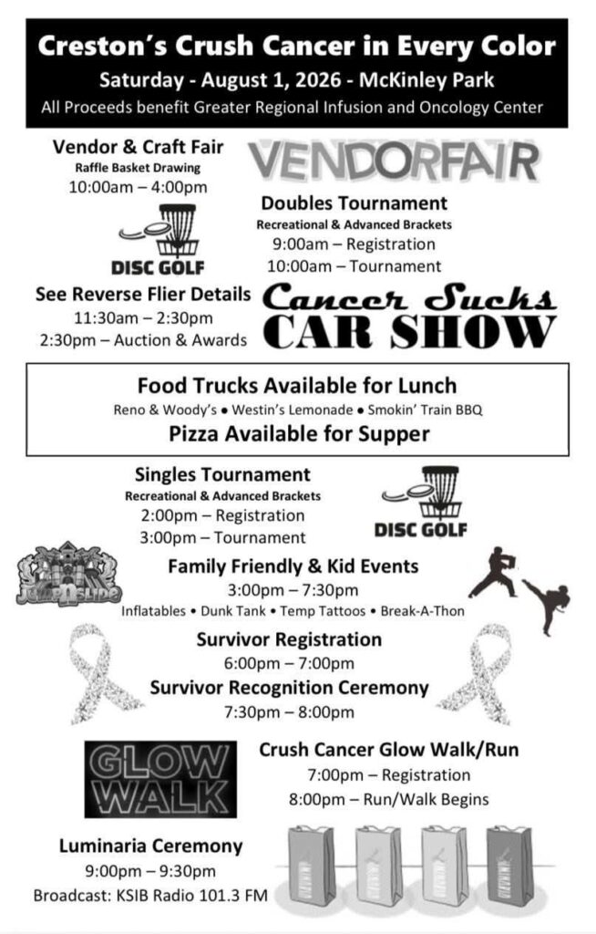 Creston's Crush Cancer in Every Color event at McKinley Park in Creston, IA on August 1, 2026