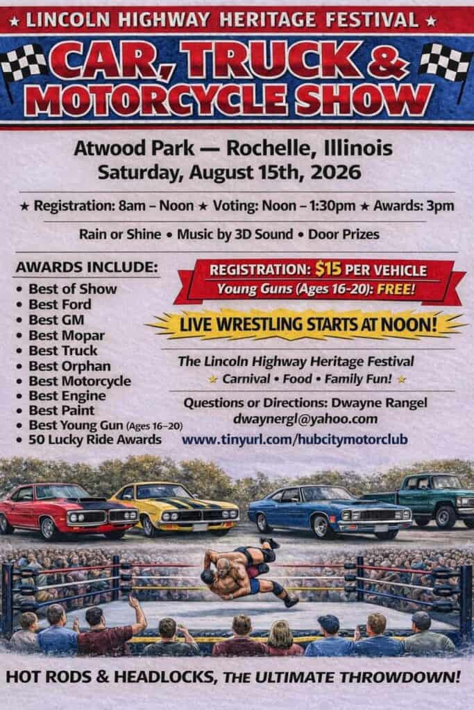 Lincoln Highway Heritage Fest Car Show event at Atwood Park in Rochelle, IL on August 15, 2026