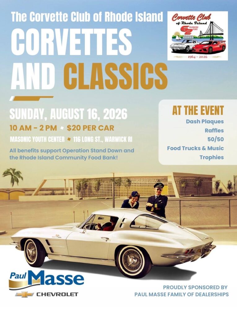 The Corvette Club of Rhode Island Corvettes and Classics event at Masonic Youth Center in Warwick, RI on August 16, 2026