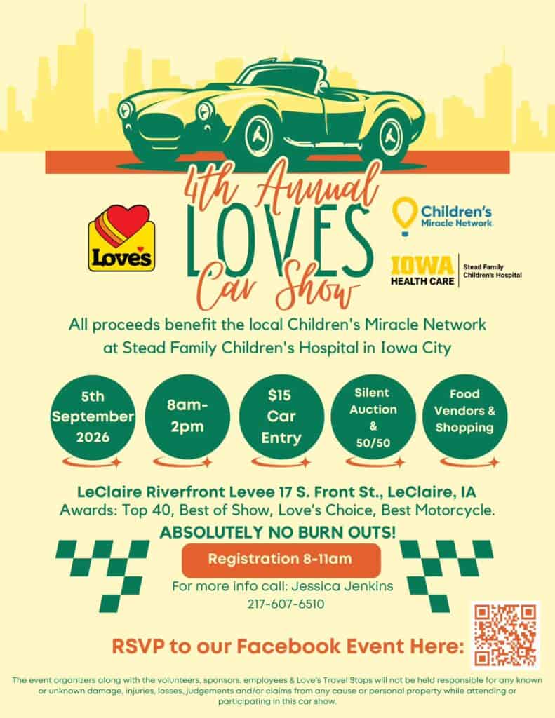 Love's Charity Car Show event at LeClaire Riverfront Levee in LeClaire, IA on September 5, 2026
