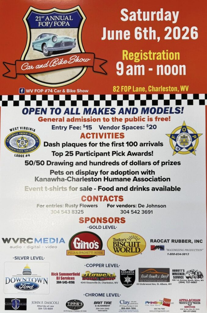 WV FOP #74 Car & Bike Show event at 82 FOP Lane in Charleston, WV on June 6, 2026