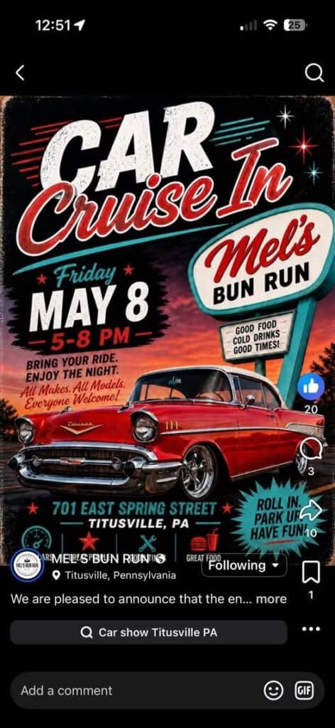 Mel's Bun Run Presents Car Cruise-In Night! event at Mel's Bun Run in Titusville, PA on May 8, 2026
