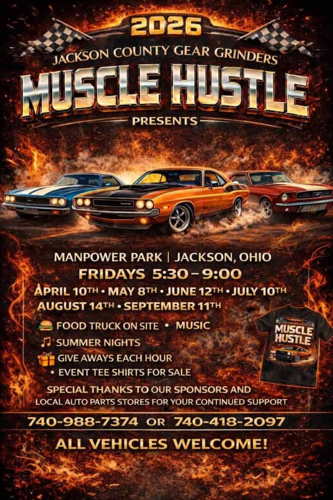Jackson County Gear Grinders Muscle Hustle event at Manpower Park in Jackson, OH on May 8, 2026