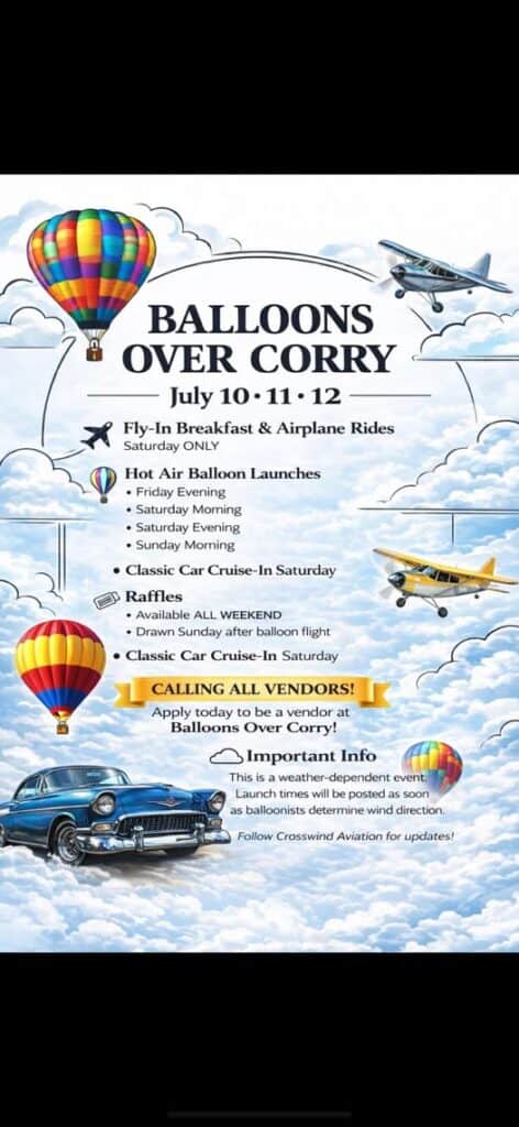 Ballon’s over Corry Fly-in & Classic Car Cruise-in event at Corry-Lawrence Airport in Corry, PA on July 11, 2026