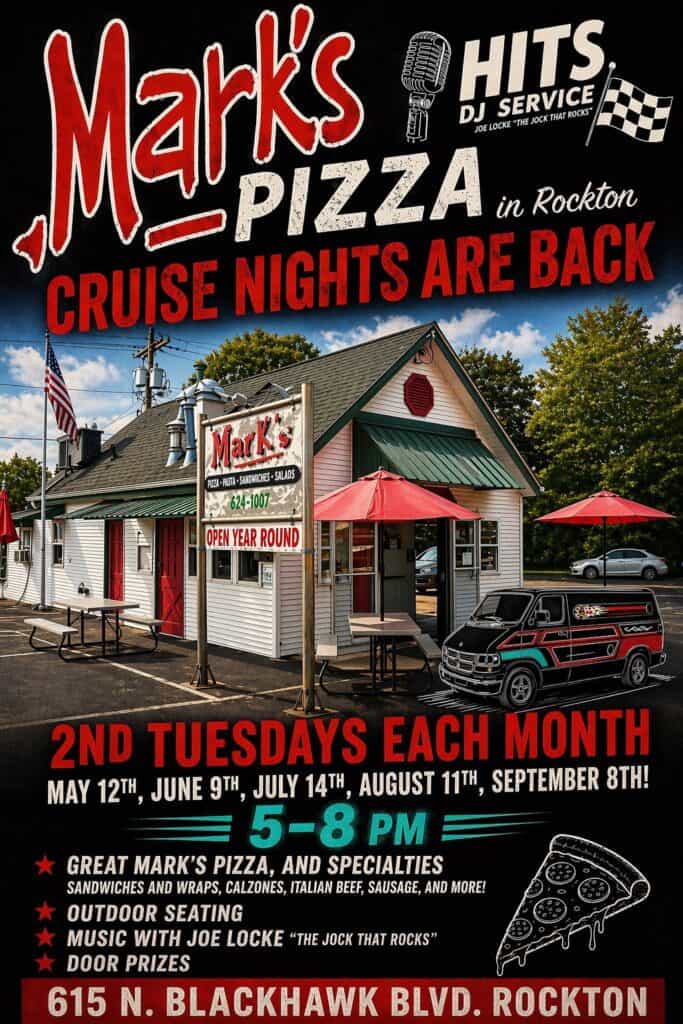 Mark's Pizza Cruise Nights event at Mark's Pizza in Rockton, IL on June 14, 2026