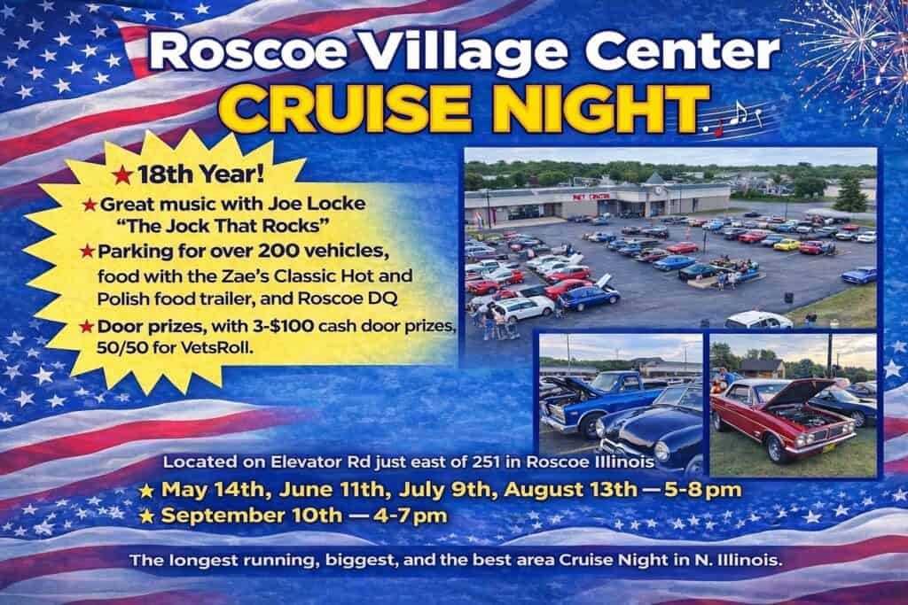 Roscoe Village Center Cruise Night event at Roscoe Village Center in Roscoe, IL on May 14, 2026