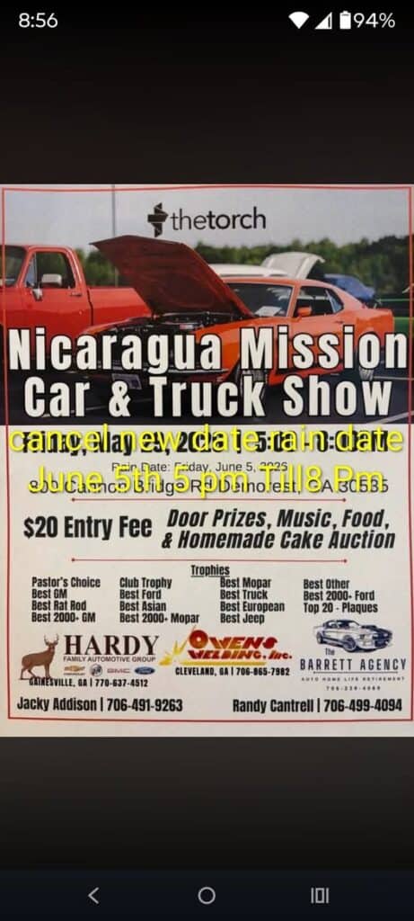 Nicaragua Mission Car & Truck Show event at 800 Cannon Bridge Road in Demorest, GA on June 5, 2026