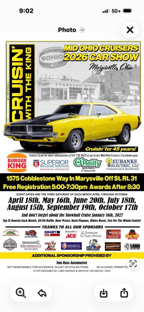 Mid Ohio Cruisers 2026 Car Show event at 1575 Cobblestone Way in Marysville, OH on August 15, 2026