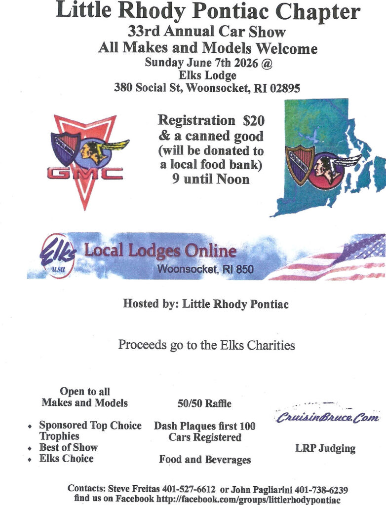 Little Rhody Pontiac Chapter 33rd Annual Car Show event at Elks Lodge in Woonsocket, RI on June 7, 2026