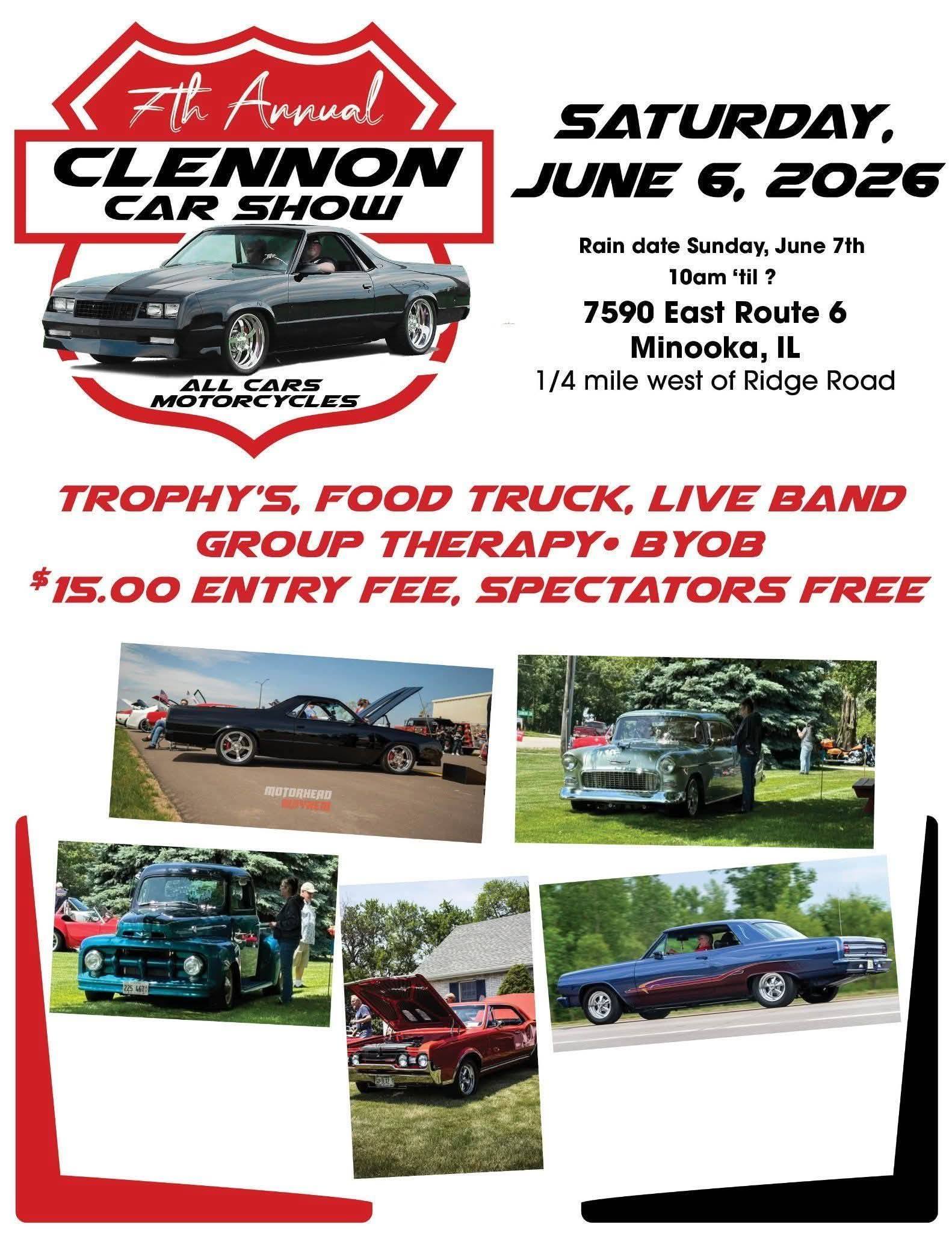 7th Annual Clennon Car Show event at 7590 East Route 6 in Minooka, IL on June 6, 2026