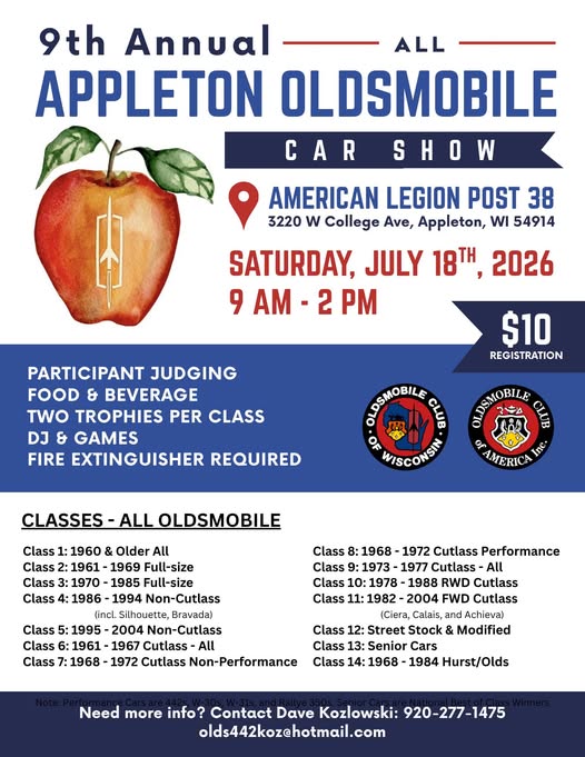 9th Annual All Appleton Oldsmobile Car Show event at American Legion Post 38 in Appleton, WI on July 18, 2026