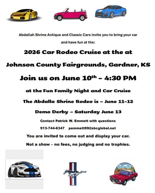 Abdallah Shrine Antique And Classic Cars 2026 Car Rodeo Cruise event at Johnson County Fairgrounds in Gardner, KS on June 10, 2026