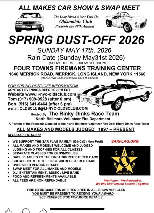 All Makes Car Show & Swap Meet Spring Dust-Off 2026 event at Four Towns Firemans Training Center in Merrick, NY on May 17, 2026