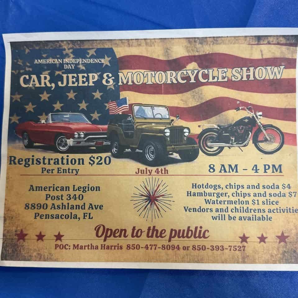 American Independence Day Car, Jeep, & Motorcycle Show event at 8890 Ashland Ave in Pensacola, FL on July 4, 2026