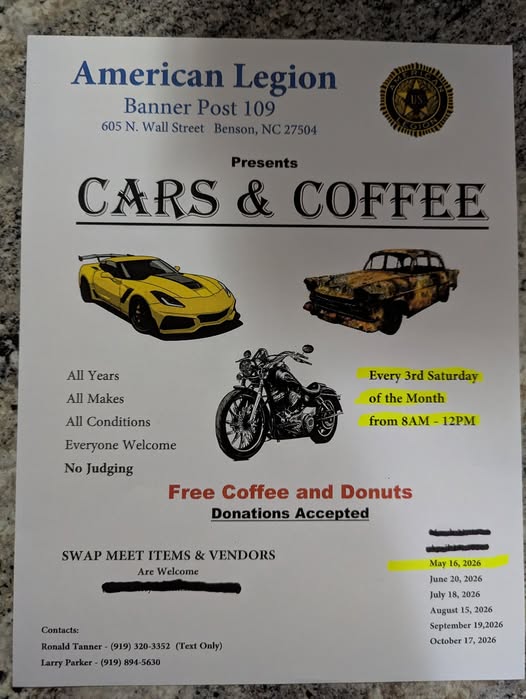 American Legion Banner Post 109 Presents Cars & Coffee event at American Legion Banner Post 109 in Benson, NC on May 16, 2026