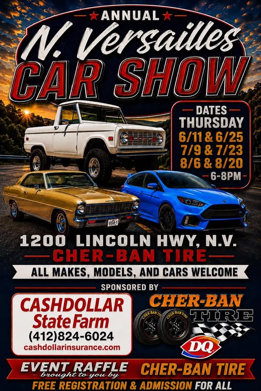 Annual N. Versailles Car Show event at Cher-Ban Tire in N.v., PA on June 11, 2026