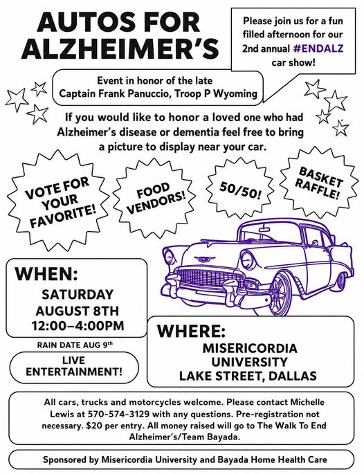 Autos For Alzheimer's event at Misericordia University in Dallas, PA on August 8, 2026