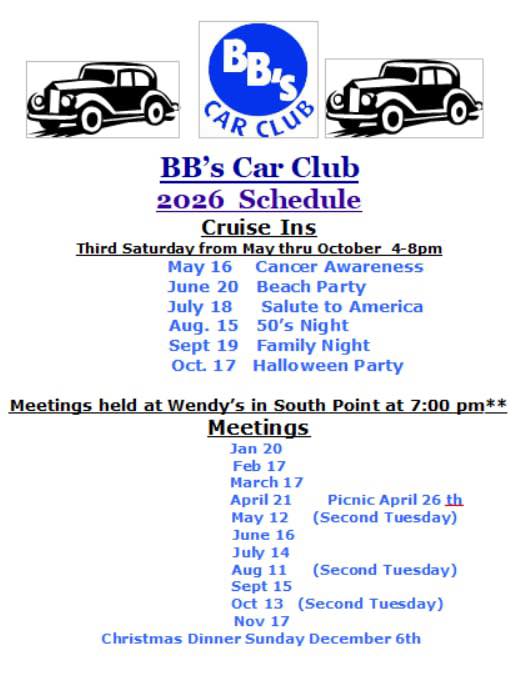 BB's Car Club 2026 Schedule Cruise Ins event at Collins Career Center in South Point, OH on May 21, 2026