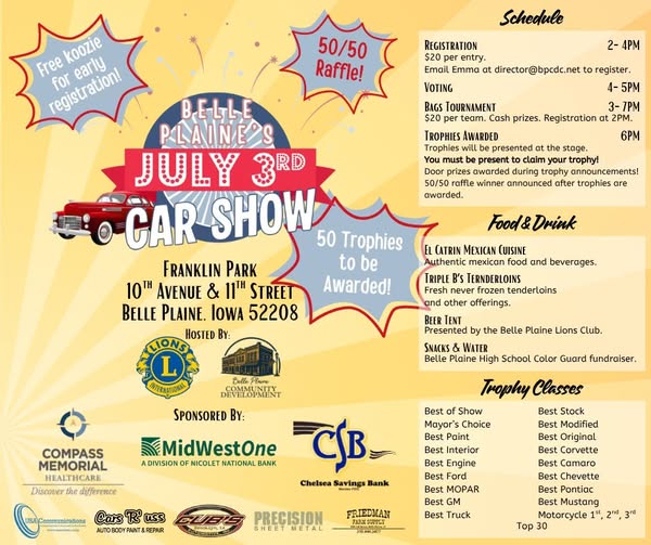 Belle Plaine's July 3rd Car Show event at Franklin Park in Belle Plaine, IA on July 3, 2026